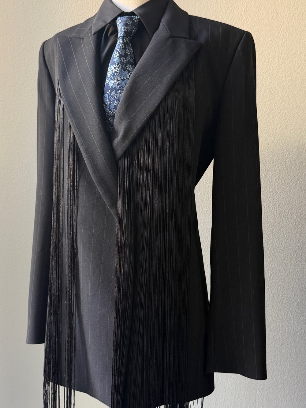 Max Mara Black Pinstripe Fringe Blazer Jacket - Women